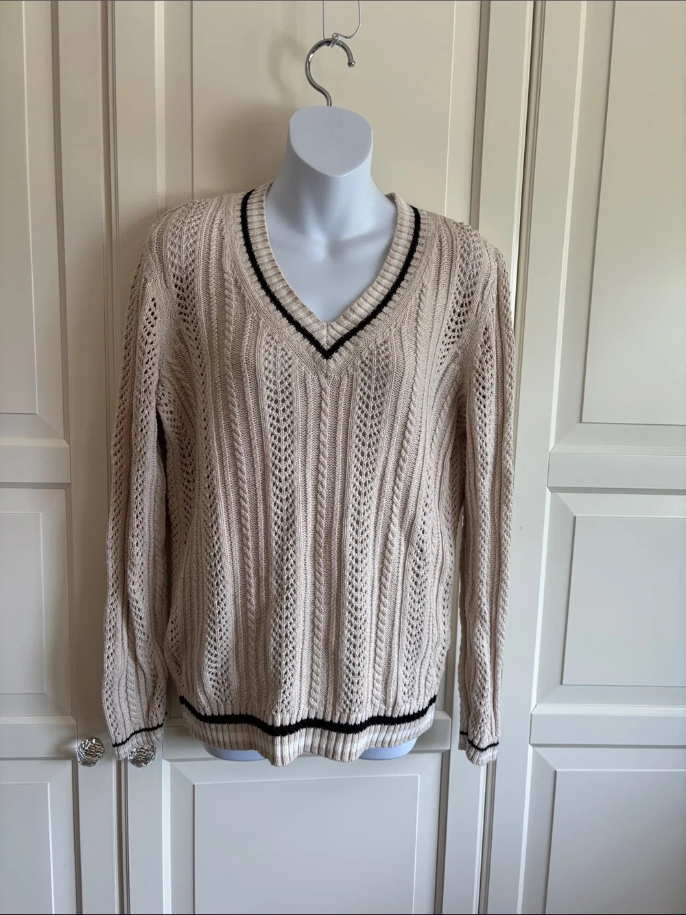 Tabi Linen Blend Cream  Peppy V Neck Knitted Sweater Size Large Academia Casual - Picture 5 of 11